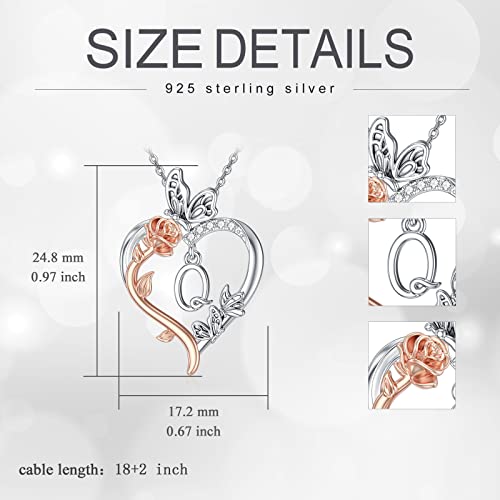 TOUPOP Gifts for Women Her 925 Sterling Silver Rose Heart Initial Necklace Butterfly Heart Jewelry Anniversary Birthday Gifts for Wife Girlfriend Mom - color: Q Initial