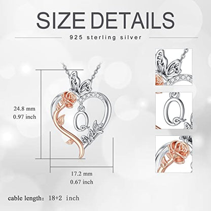 TOUPOP Gifts for Women Her 925 Sterling Silver Rose Heart Initial Necklace Butterfly Heart Jewelry Anniversary Birthday Gifts for Wife Girlfriend Mom - color: Q Initial