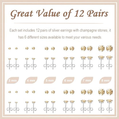 12 Pairs Stud Earrings Set, Hypoallergenic Surgical Stainless Steel 316L Earring for Women Men, Small Earring Studs Pack with Cubic Zirconia - color: Champagne-6 Sizes-3，4，5，6，7，8