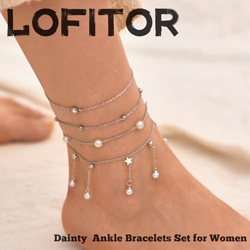 LOFITOR Anklets for Women Ankle Bracelet Charm Link Chain Set Foot | Waterproof Dainty Cz Evil Eye Beaded Anklets Adjustable Beach Foot Jewelry Feet Chains, Summer Beach Foot Jewelry Gifts - style: Pearl Silver