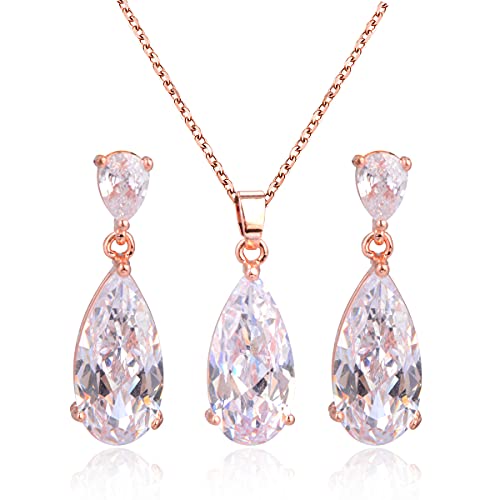 Wedding Jewelry Set for Bridesmaids - Sterling Silver Teardrop CZ Crystal Cubic Zirconia Rhinestone Diamond Bridal Necklace Earrings Set for Bride Mother of Bride Party Prom Birthstone Costume Jewelry - color: 14k rose gold plated