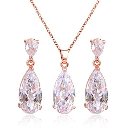 Wedding Jewelry Set for Bridesmaids - Sterling Silver Teardrop CZ Crystal Cubic Zirconia Rhinestone Diamond Bridal Necklace Earrings Set for Bride Mother of Bride Party Prom Birthstone Costume Jewelry - color: 14k rose gold plated