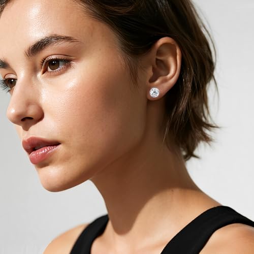 Round Cubic Zirconia Earrings Stud 8mm CZ Studs Earrings Hypoallergenic Princess Cut Earrings 925 Sterling Silver Post Studs Earrings for Women