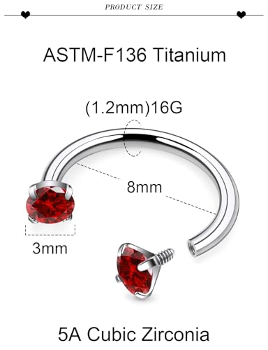 16G F136 Titanium Internal Thread Horseshoe Septum Nose Ring Piercing Jewelry Circular Barbell Helix Snug Tragus Rook Daith Cartilage Earring Lip Ring Piercing Jewelry for Women Men 8MM 10MM - style: 16G, 8MM Length, Red CZ