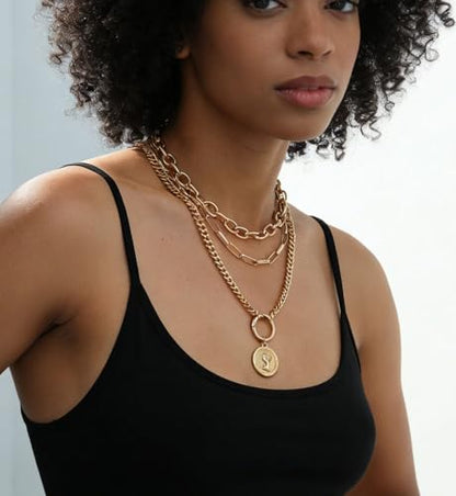iF YOU Vintage Gold Layered Necklaces for Women Trendy, Chunky Cuban Link Paperclip Chains Necklace Stack, Coin Pendant Necklace Set Jewelry Gifts - style: Chunky gold coin paperclip