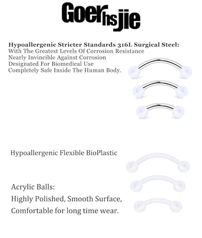 16g 6/8/10mm White/Pink/Black Eyebrow/Rook/Snug/Vertical-Labret/VCH/Snake-Eyes/Anti-Tragus/Christina/Daith/Belly-Button/Bridge/Hood/Surface Curved Barbell Piercing Jewelry for Women Men - color: White