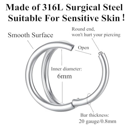 ORANGELOVE Double Hoop Nose Ring 18G 16G 316L Surgical Steel Cartilage Earring Septum Jewelry Seamless Hinged Clicker Segment Ring Conch Daith Tragus Helix Rook Piercing Earring Lip Ring - color: Silver, size: 1pc 20 Gauge 6mm