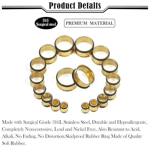 12G-25mm Single Flare Gauges Tunnels Plugs Stretching Set Kit 316L Surgical Steel Gauges Tunnle Plug for Ears 12G 10G 8G 6G 4G 2G 0G 00G 12mm 14mm 16mm 18mm 20mm 22mm 25mm - color: Gold Tone, size: 12G(2.0mm)-14mm