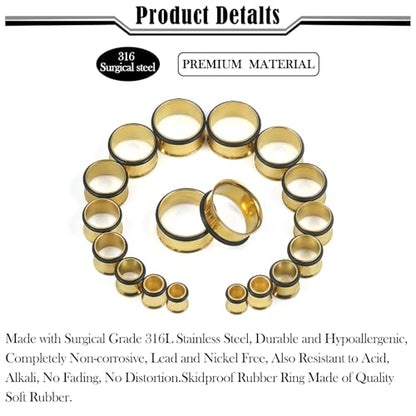 12G-25mm Single Flare Gauges Tunnels Plugs Stretching Set Kit 316L Surgical Steel Gauges Tunnle Plug for Ears 12G 10G 8G 6G 4G 2G 0G 00G 12mm 14mm 16mm 18mm 20mm 22mm 25mm - color: Gold Tone, size: 12G(2.0mm)-14mm