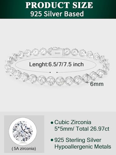 Sterling Silver 14K Gold Plated 2.5mm/3mm/4mm/5mm Round Cut Moissanite Tennis Bracelet, Classic Luxury Bezel Set Diamond Bracelets for Women Men Wedding Birthday Jewelry, Size 6.5" 7" 7.5" 8.3" - color: CZ-5mm Width-Silver, size: 6.5 Inch (Fit Wrist 5.5"-
