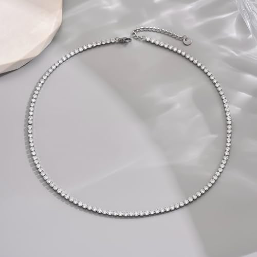 3mm Cubic Zirconia Tennis Necklace for Women, Dainty Adjustable 18K Gold Plated/Silver CZ Tennis Necklace, Hypoallergenic Iced Out Everyday Jewelry Gift for Her Wedding Party - color: 42cm Tennis Necklace-White Gold