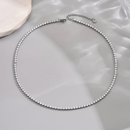 3mm Cubic Zirconia Tennis Necklace for Women, Dainty Adjustable 18K Gold Plated/Silver CZ Tennis Necklace, Hypoallergenic Iced Out Everyday Jewelry Gift for Her Wedding Party - color: 42cm Tennis Necklace-White Gold