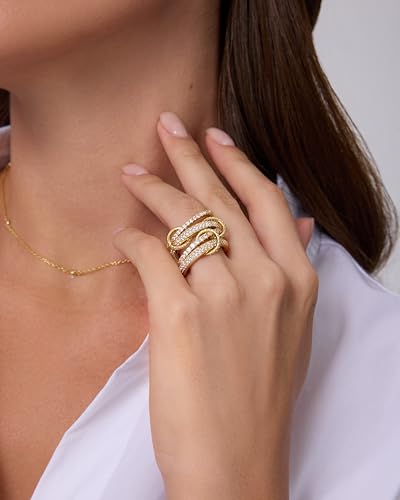 PAVOI 14K Gold Plated Interlocking Ring for Women - Chunky Connected Bands Interlock Stackable Rings for Women - Trendy Cubic Zirconia Two Tone Interlocked Multi-Band Statement Jewelry - style: Chunky Bands & CZ - Yellow Gold
