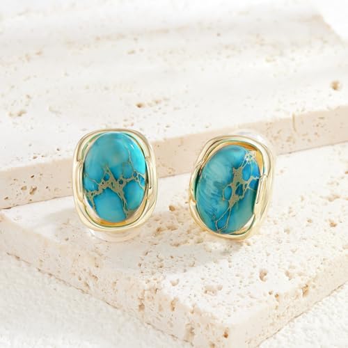 YOQUCOL Natural Stone Trendy Clip On Stud Earrings for Women Gold Plated Non Pierced Statement Earrings Fashion Jewelry - color: Oval-Blue