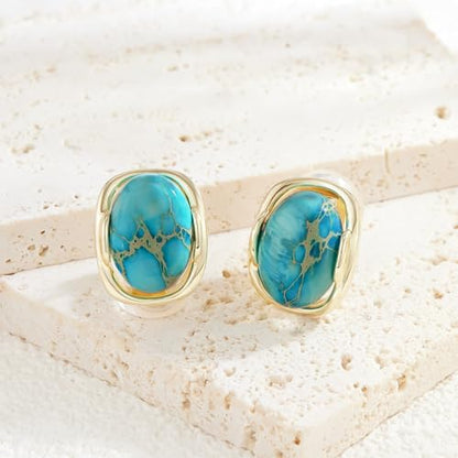 YOQUCOL Natural Stone Trendy Clip On Stud Earrings for Women Gold Plated Non Pierced Statement Earrings Fashion Jewelry - color: Oval-Blue