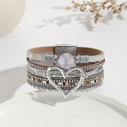 Womens Love Heart Leather Wrap Bracelet Multi-layer Stacked Bangle | Magnetic Clasp Soft PU Leather Resin Stone Rhinestone Boho Style Birthday Valentine Christmas Bohemian Jewelry Gift - color: Silver