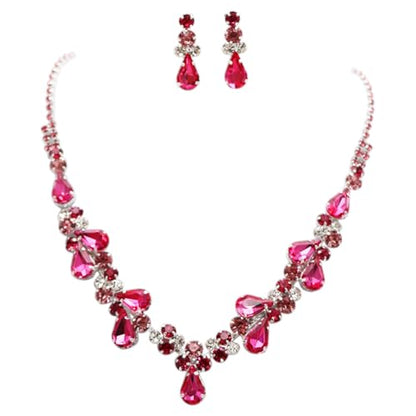 Rosemarie Collections Women's Stunning Rhinestone Crystal Teardrop Statement Necklace Hypoallergenic Drop Earrings Set, 15"+6" Extender - color: Rose Pink Silver Tone