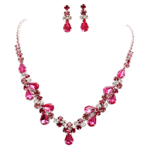 Rosemarie Collections Women's Stunning Rhinestone Crystal Teardrop Statement Necklace Hypoallergenic Drop Earrings Set, 15"+6" Extender - color: Rose Pink Silver Tone