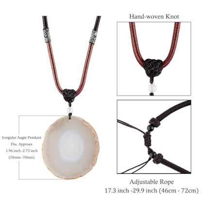SUNYIK Natural Agate Slice Pendant Necklace for Women Men | Irregular Agate Slice Druzy Geode Pendant Necklace, Adjustable Nylon Rope 17"-29", Boho Healing Crystal Jewelry for Unisex - color: Grey-White
