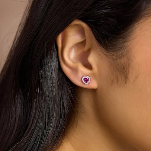 CoBi Halo Stud Earrings for Women, Cubic Zirconia Earrings, Birthstone Heart Earrings Simulated Diamond Valentine's Day - color: Red