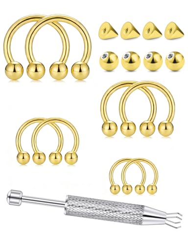 16G Horseshoe Septum Rings 6/8/10/12mm with Tool & Ball Grabber,Hypoallergenic for Nose,Rook,Cartilage,Helix,Lips-Silver Gold 316L Surgical Steel Septum Piercing jewelry - color: Gold Plated Horseshoe Ring 6-12mmBall/Point Tool
