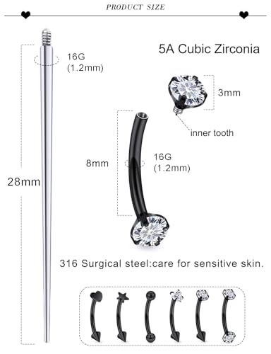 16G Eyebrow Ring Piercing Jewelry Surgical Steel Internal Thread CZ Heart Star Vertical Labret Lip Ring Rook Daith Earrings Belly Button Ring Piercing Jewelry for Women Silver Black Gold - color: Black, size: 16G, 8mm Length, 3mm CZ