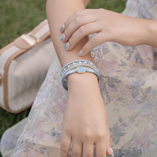 FANCY SHINY Crystal Beaded Leather Wrap Bracelet Stackable Boho Jewelry for Women Resin Stone Bangle Cuff with Magnetic Clasp - color: Teal