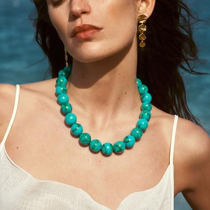 Multicolor Chunky Beaded Necklace, Statement Colorful Round Ball Beads Choker Necklace with Gold-Tone Adjustable Chain, Fashion Bold Neck Jewelry for Women - color: 20MM-Turquoise