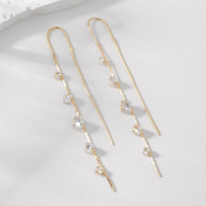 Gold Dangle Earrings for Women, 14K Threader Long Chain Drop Earrings Dangling Dainty Elegant Ear Chain with Tassel and Cubic Zirconia for Wedding Trendy Jewelry Gifts - color: CZ Tassel