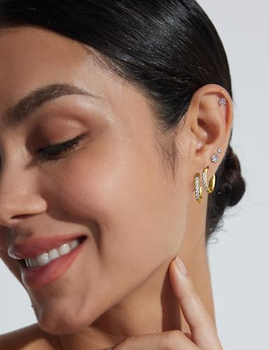 5 Pairs Huggie Hoop Earrings, Cubic Zirconia 14K Gold-Plated 316L Surgical Steel, Hypoallergenic Lightweight Design for Women & Men Cartilage & Multi-Piercing Stacking(13-21mm) - color: M+gold