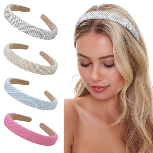 WOVOWOVO 4 Pack Headbands for Women,1 Inch Wide Sponge Headbands Padded Soft Fabric Head Bands Thick Non Slip Fashion Cute Twill Plaid Hair Bands for Girls Hair Accessories - color: MulticolorF