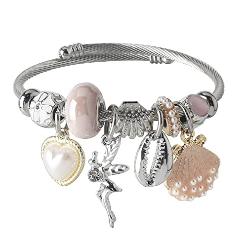 DS Charm Bracelets for girls,exquisite cute cartoon friendship bracelets Silver Stainless Steel Bangle with birthday Gift box, Adjustable girls jewelry Suitable for holiday gifts - style: Silver-Pink Shell Angel