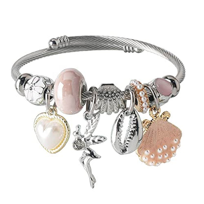 DS Charm Bracelets for girls,exquisite cute cartoon friendship bracelets Silver Stainless Steel Bangle with birthday Gift box, Adjustable girls jewelry Suitable for holiday gifts - style: Silver-Pink Shell Angel