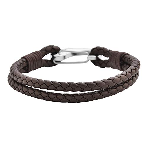 Edforce Braided Genuine Leather 2-Strand Cuff Bracelet with Stainless Steel Clasp - color: Brown
