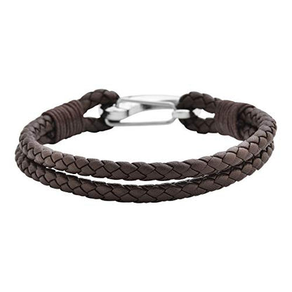 Edforce Braided Genuine Leather 2-Strand Cuff Bracelet with Stainless Steel Clasp - color: Brown