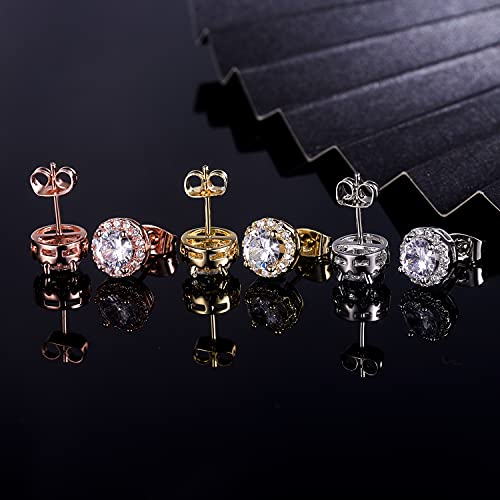 MDFUN Halo Stud Earrings 18K Gold Plated 5A+ Cubic Zirconia Round Earrings Hypoallergenic Ears Jewelry for Women Men - color: White Gold/Yellow Gold/Rose Gold