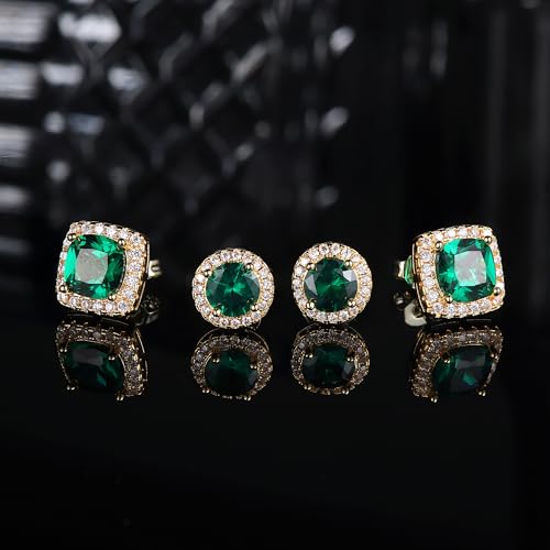 18K Gold Plated Halo Stud Earrings 925 Sterling Silver Cubic Zirconia Stud Earrings Round Square Diamonique Stud Earrings Set for Women Men - color: Gold&Green