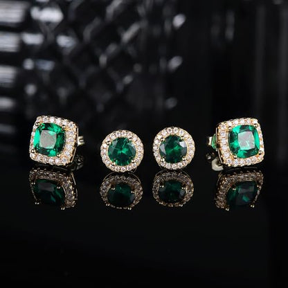 18K Gold Plated Halo Stud Earrings 925 Sterling Silver Cubic Zirconia Stud Earrings Round Square Diamonique Stud Earrings Set for Women Men - color: Gold&Green