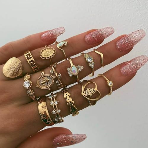 62-101Pcs Vintage Knuckle Rings Set Stackable Midi Rings for Women Bohemian Gold Silver Crystal Joint Finger Jewelry Pack (58Pcs)