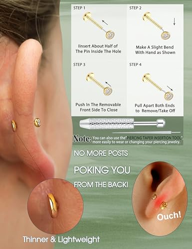8 Pcs Moissanite Nose Studs Flat Back Earrings 16G/18G/20G | 14K Gold Plated Hypoallergenic Nose Studs, Moissanite Nose Rings for Women Men, Lip, Helix, Conch Piercing Jewelry, Flat Back - color: Gold| 20G(0.8MM)-Bar-6/8MM&Moissanite-2/3/4MM