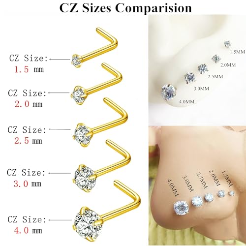 316L Surgical Steel 22g/20g/18g Nose Rings Studs L-Shape Nose Nostrial Piercing Body Jewerly L Shaped Nose Studs 1.5mm 2mm 2.5mm 3mm CZ Nose Screw Studs Rings for Women - style: 6pcs/L-shape/18g/1.5mm Clear CZ/Gold
