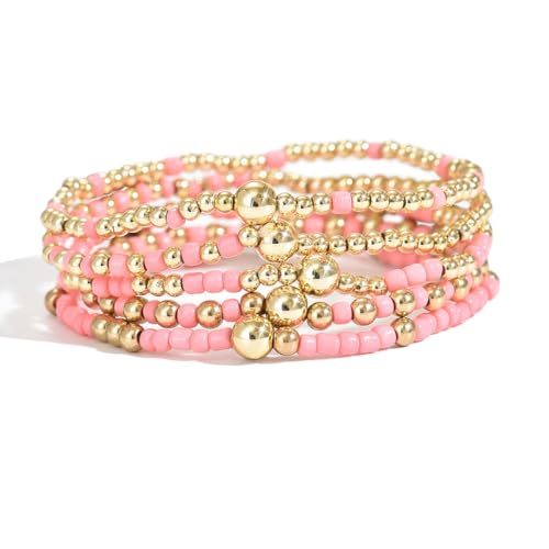 LOTSOF Bohemia Multilayer Beaded Bracelet Set, Turquoise Resin Colorful Surfer Heishi Style Elastic Spring Clasp Friendship Elastic Wristbands Summer Beach Boho Vacation Jewelry - color: Pink