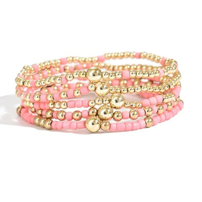 LOTSOF Bohemia Multilayer Beaded Bracelet Set, Turquoise Resin Colorful Surfer Heishi Style Elastic Spring Clasp Friendship Elastic Wristbands Summer Beach Boho Vacation Jewelry - color: Pink