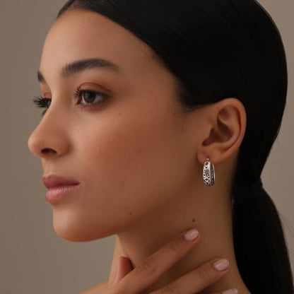 LeCalla 925 Sterling Silver Chunky Hoop Earrings | Filigree Heart Hoop Earrings for Women | Oval & Round Mesh Filigree Click-Top Hoops Earring | Hypoallergenic Earrings for Women - color: Antique Oval Filigree 24MM