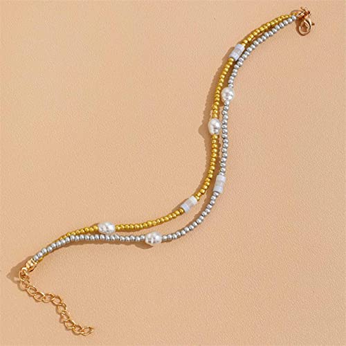 YienDoo Boho Layered Pearl Anklet Bracelet Gold Silver Faux Pearl Ankle Chain Layered Charm Anklet Minimalist Summer Beach Anklet Foot Jewelry Gifts for Women Girls