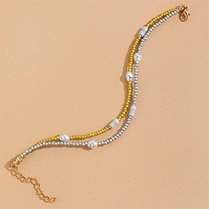 YienDoo Boho Layered Pearl Anklet Bracelet Gold Silver Faux Pearl Ankle Chain Layered Charm Anklet Minimalist Summer Beach Anklet Foot Jewelry Gifts for Women Girls