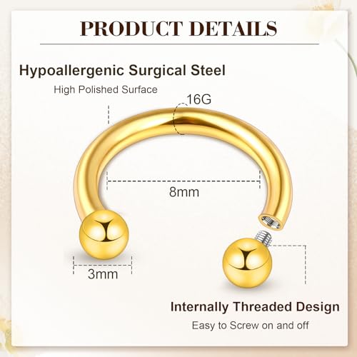 ONESING 20-30 Pcs Septum Rings 16G Septum Jewelry - Surgical Steel Piercings Horseshoe Helix Daith Smiley Tragus Lip Rings Nose Hoop Hinged Seamless Piercing Jewelry for Women Men - color: Gold/Round Ball-16G-8mm