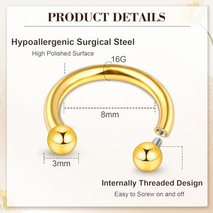 ONESING 20-30 Pcs Septum Rings 16G Septum Jewelry - Surgical Steel Piercings Horseshoe Helix Daith Smiley Tragus Lip Rings Nose Hoop Hinged Seamless Piercing Jewelry for Women Men - color: Gold/Round Ball-16G-8mm