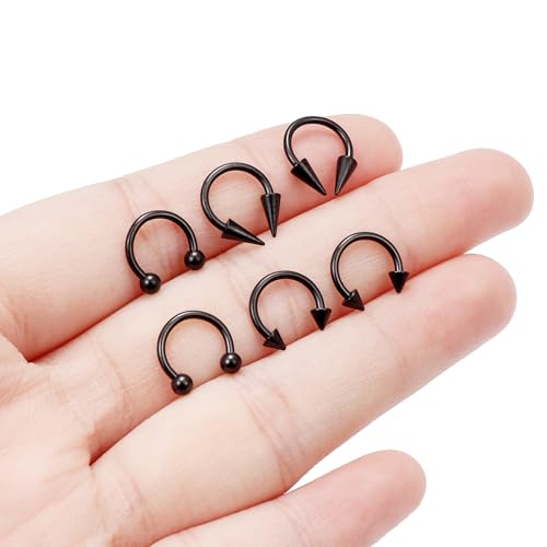 6Pcs Septum Rings 16G Surgical Steel Snake Bite Jewelry Long Spike Horseshoe Lip Rings Smiley Piercing Jewelry for Women Men 8mm 10mm - color: 16g,Diameter:8mm,black