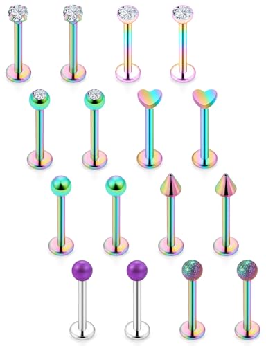 16G Flat Back Earrings Nose Studs 316L Surgical Steel Medusa Labret Monroe Lip Ring Tragus Forward Helix Conch Cartilage Lobe Earrings Stud Piercing Jewelry For Women Men 8MM Bar Length - color: Rainbow